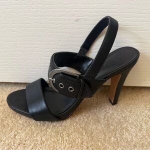 KARL LAGERFELD COLENE 8.5 Black High Heel Slingback Sandals with Buckle Detail